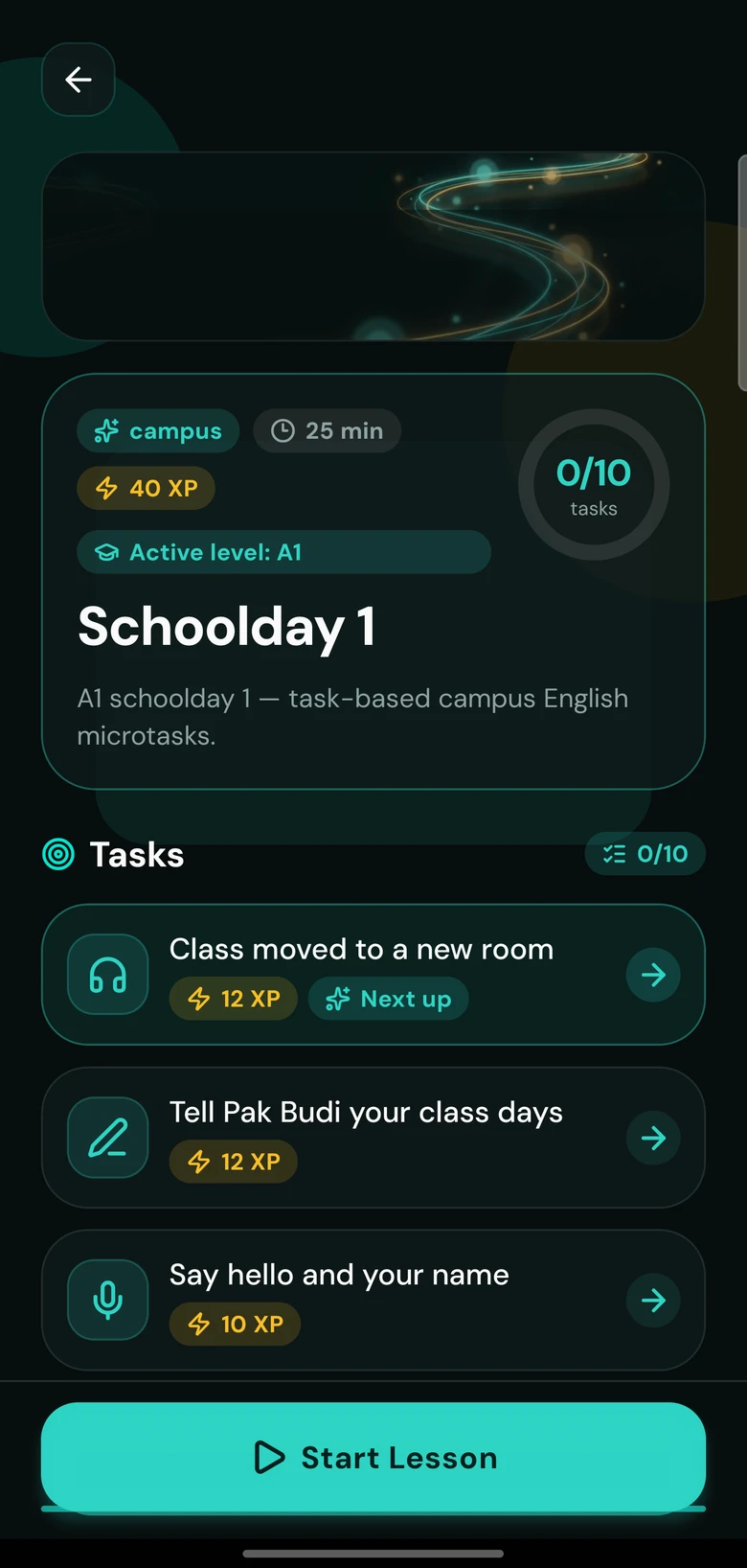 A Tigaly schoolday showing its list of campus tasks